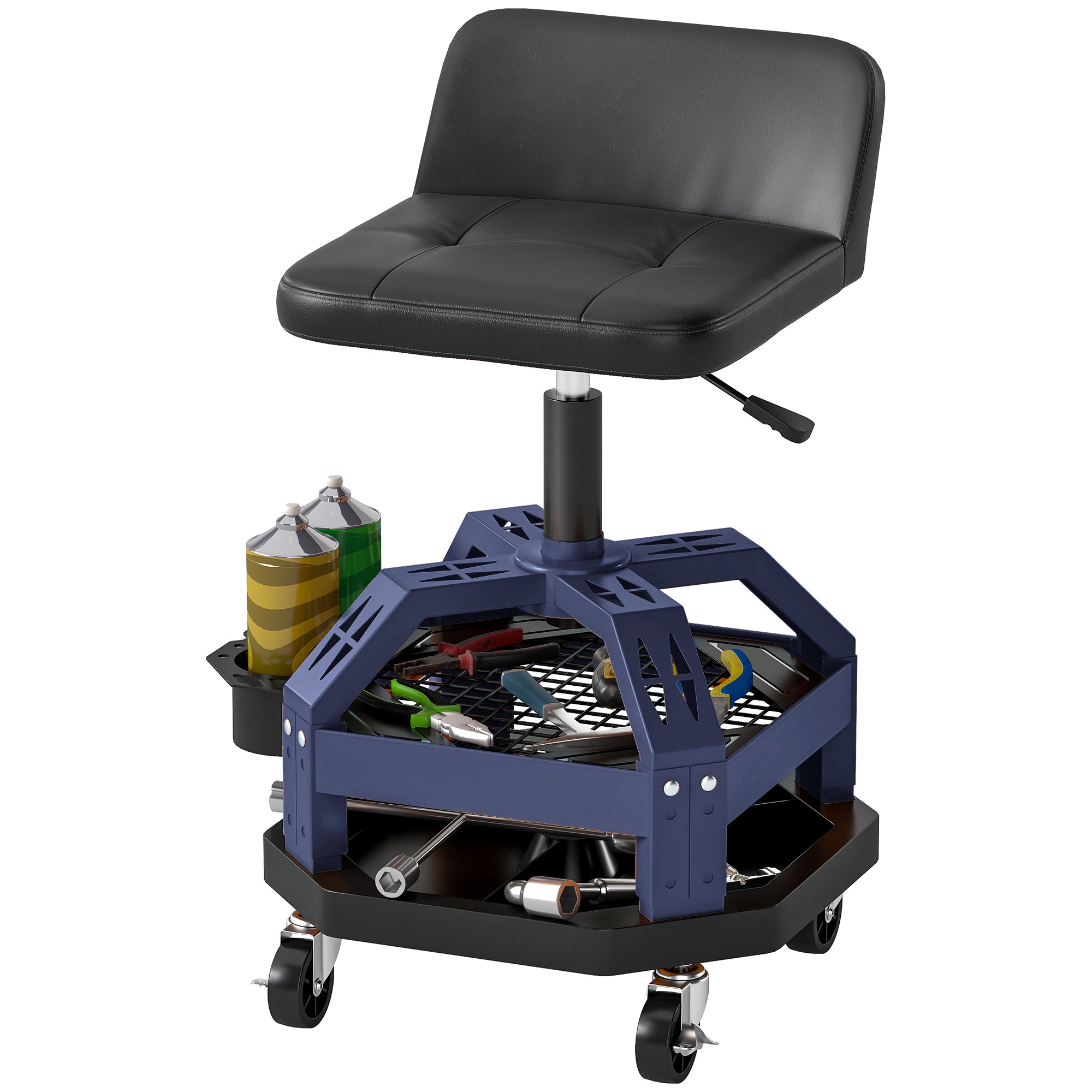 Rolling Creeper Garage Stool, 300 LBS Capacity Mechanic Stool With 360 Wheels, Tool Tray, Adjustable Height, Blue