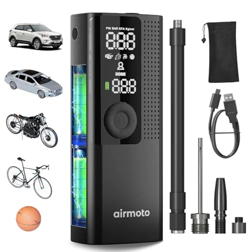 Airmoto Tire Inflator Portable Air Compressor - Air Pump For Car Tires with Digital Pressure Gauge, LED Light and Auto Shut-Off Function - Cordless Pump for Car, Motorcycle, Bicycle, Ball