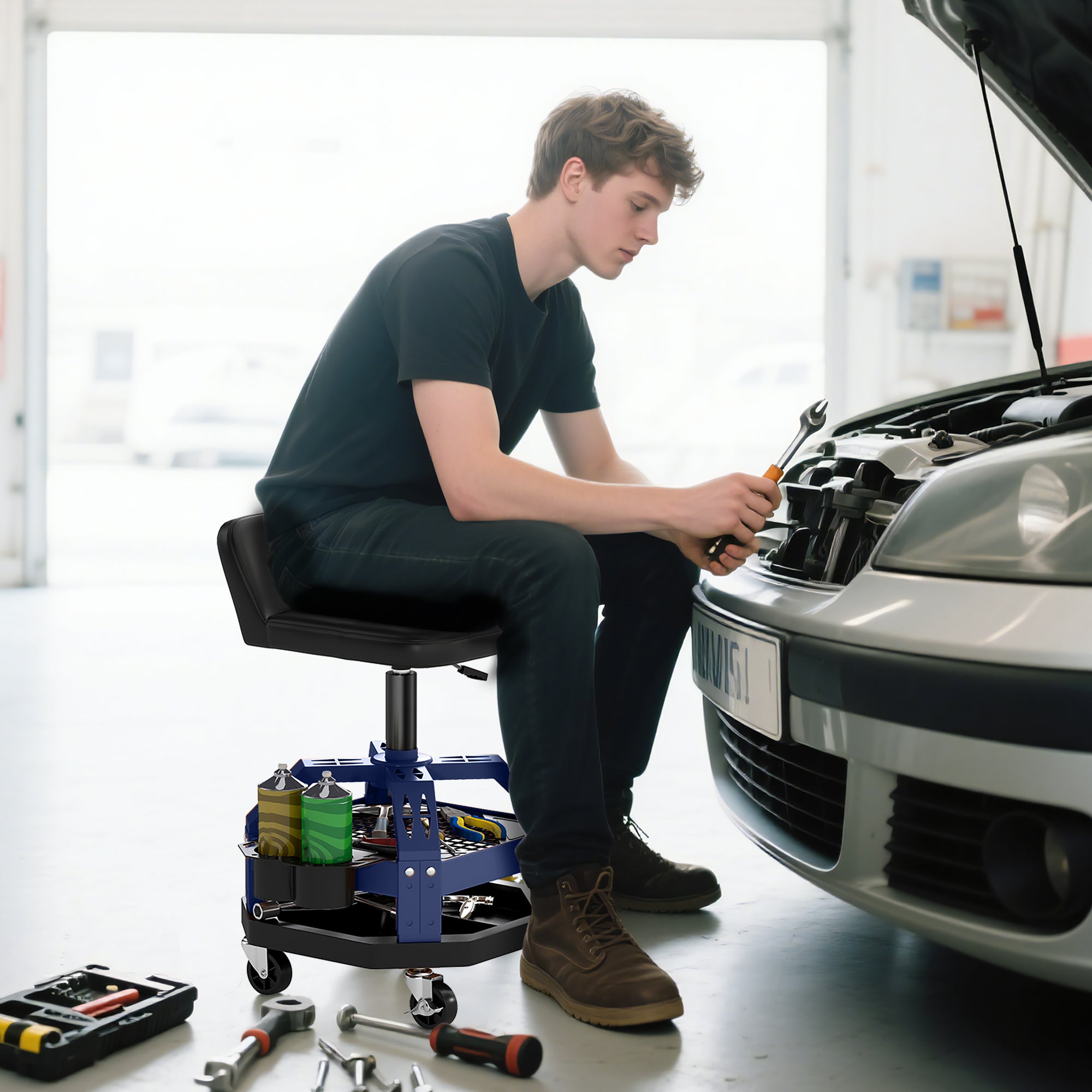 Rolling Creeper Garage Stool, 300 LBS Capacity Mechanic Stool With 360 Wheels, Tool Tray, Adjustable Height, Blue