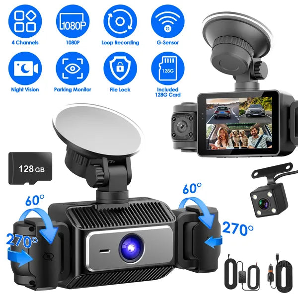 4 Channel Car Dash Cam With 128G MMC Card 1080P Front 720P Left Right 480P Rear G-Sensor Parking Monitor Loop Recording Night Vision Surveillance Car Camera